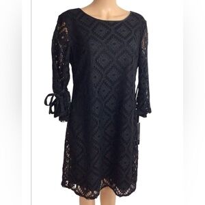 R&K Black Lace Dress Tie Sleeve Shift Cocktail Party‎ Size 12